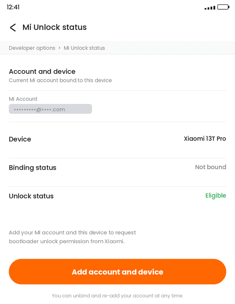 Mi Unlock Status Add Account Device Screenshot